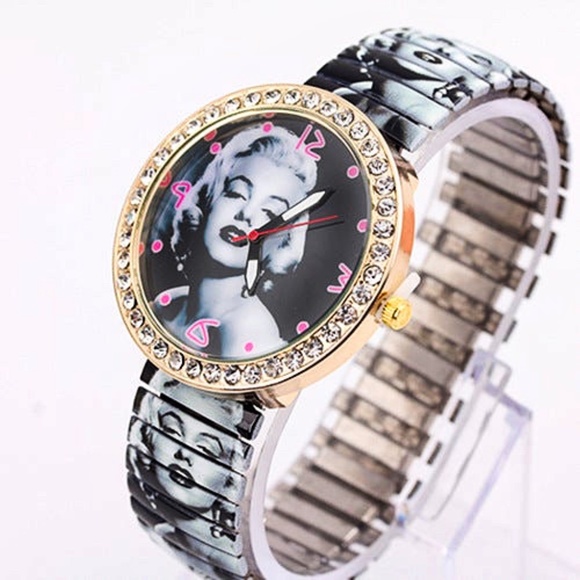 Rhinestone Marilyn Monroe Print Elastic Watch NWT - Picture 5 of 8